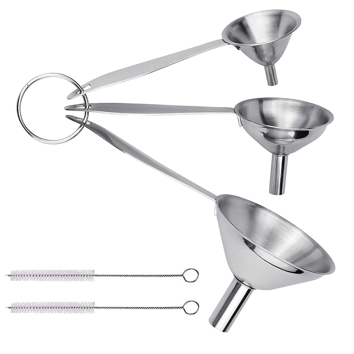 HASTHIP® 3Pcs Food Grade Stainless Steel Funnel Set with Long Handle and 2 Cleaning Brushes, Small Metal Kitchen Funnels 3 Sizes 0.5in/0.8in/1.2in for Essential Oil, Liquid, Powder, Spice
