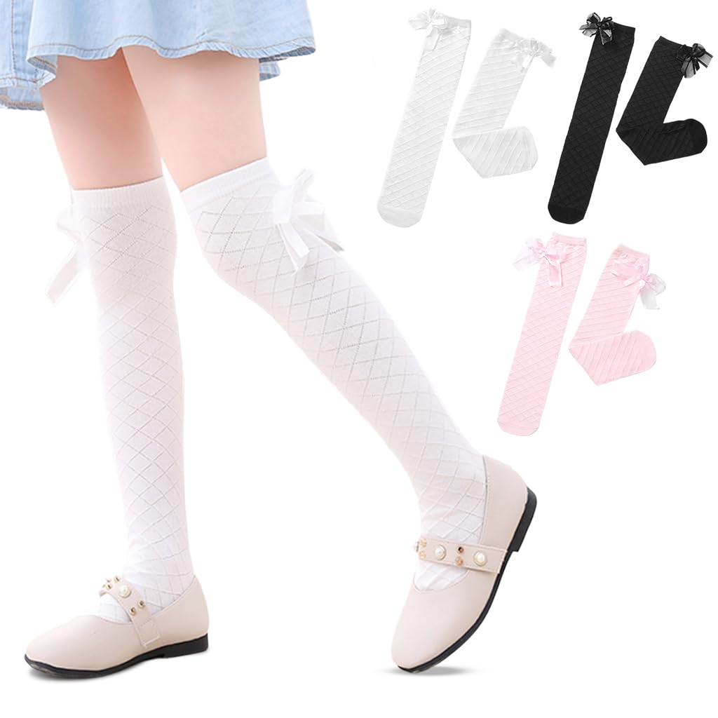 HASTHIP® 3 Pares de Medias para Niñas,Calcetines Hasta la Rodilla con Lazo,Calcetines Largos de Algodón 16.5in para Niñas 3-10 Años Medias Moda Uniforme Escolar Falda o Uso Diari