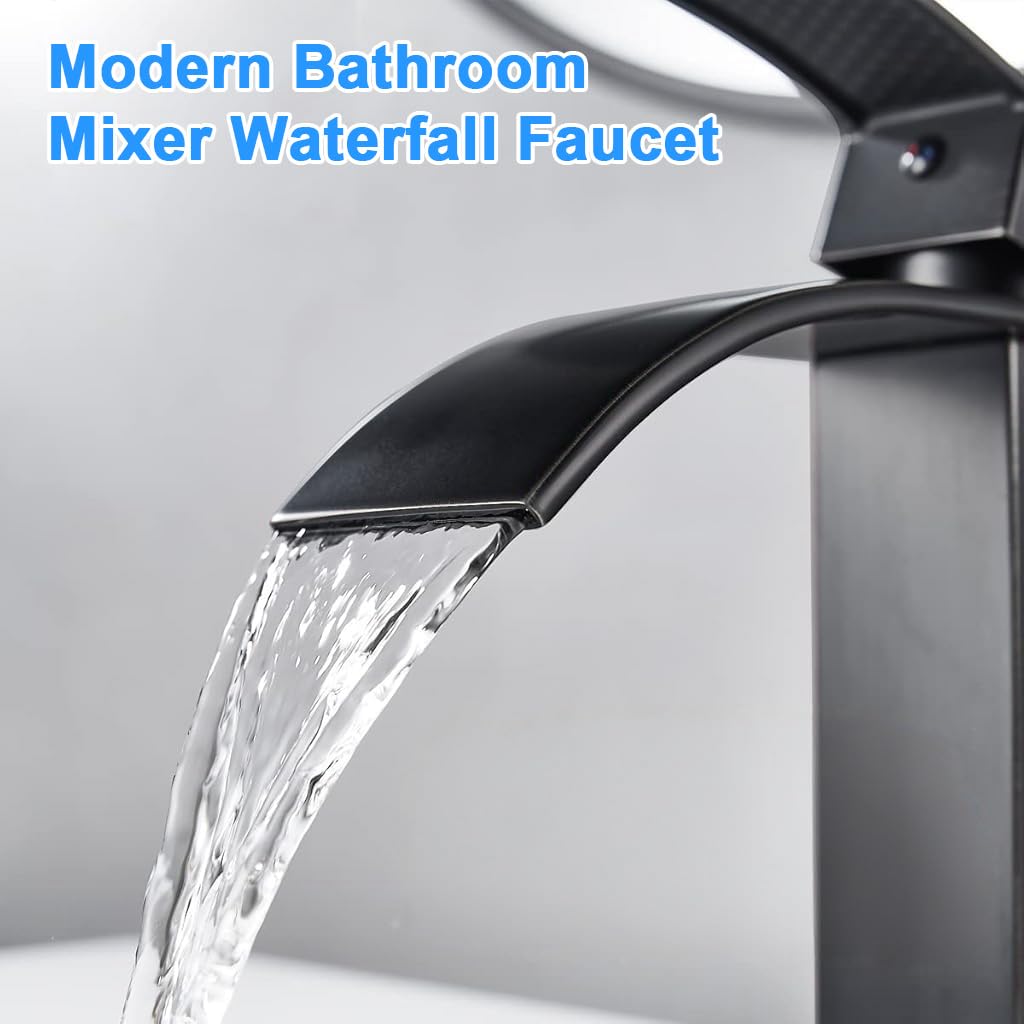 HASTHIP® Matte Black Waterfall Bathroom Faucet, Stainless Steel Single Handle Mixer Sink Faucet, Deck-Mounted Single Hole Vanity Faucet with Curved Spout, Modern Lavatory Basin Tap