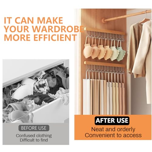 HASTHIP® Belt Organiser for Wardrobe Wooden Sliding Pull Out Hanger Organizer Storage with 12 Hooks to Take Bra Scarf Tie Hat Left Pull Design 41x8cm 3PCS