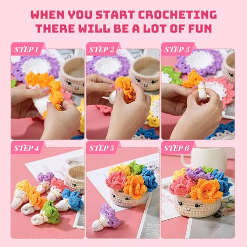HASTHIP® NAWOKEENY Crochet Kit for Beginners,6 Colors DIY Crochet Floral Coasters Kit,Complete Starter with Yarn Hooks Accessories & Case Handmade Coaster Gift for Adults & Kids