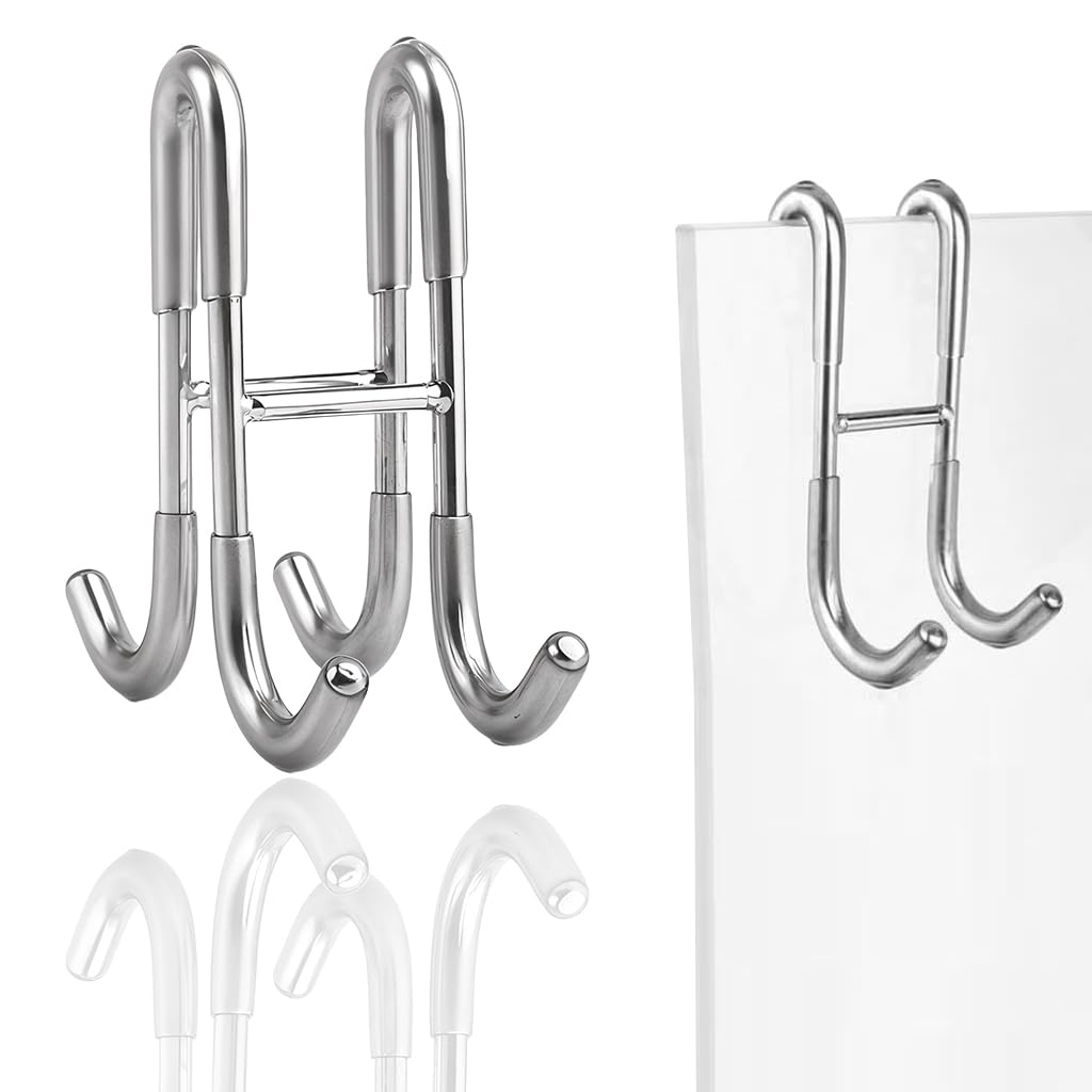HASTHIP Door Hook Rack for Glass or Room Doors featuring 4-Prong Double-Sided Design | Stainless Steel Removable Organizer
