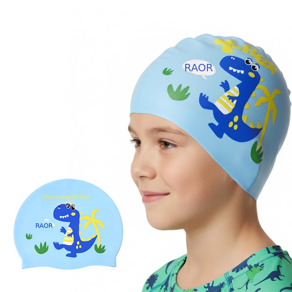 HASTHIP® Proberos Gorro de Natación Infantil de Silicona Impermeable para Niños 2-8 Años, Súper Elástico y Cómodo, Diseño de Dinosaurio, Azul Claro