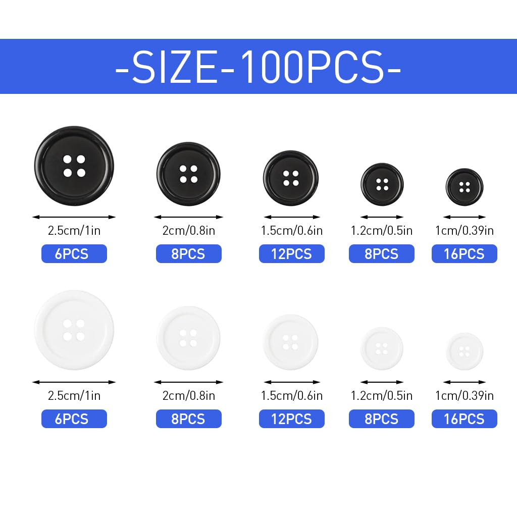 HASTHIP® 100Pcs Sewing Buttons for Clothes, Resin Shirt Buttons Round Craft Buttons, Black & White 5 Sizes 4 Hole Clothing Buttons for Sewing, DIY and Holiday Decoration