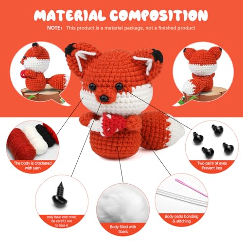 HASTHIP® Zibuyu DIY Crochet Kit Starter, Red Fox Crocheting Kit for Beginners, Complete Set to Make Fox Stuffed Toy, Creative Handmade Gift for Kids and Friends