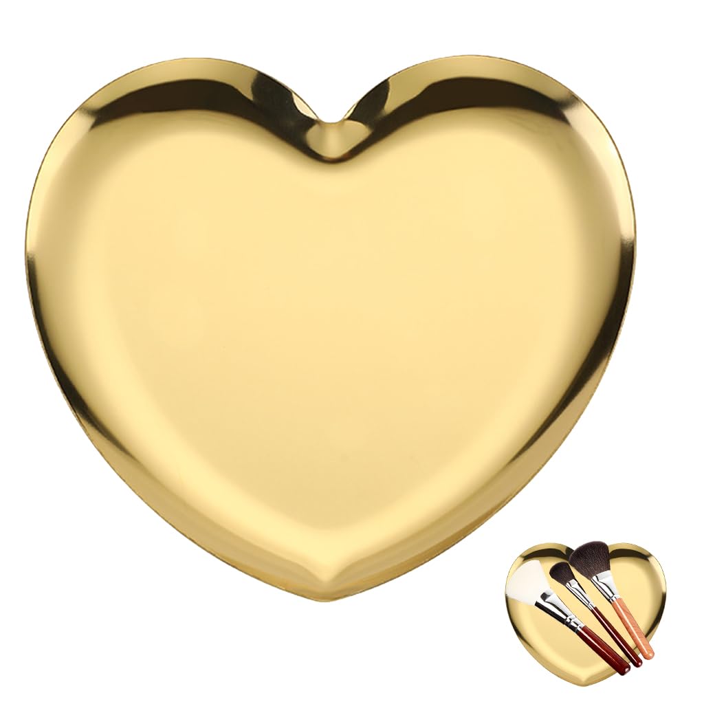 HASTHIP Jewelry Storage Trays for Vanity and Dresser featuring Heart-Shaped Design 16x15cm | Golden Metal Organizer