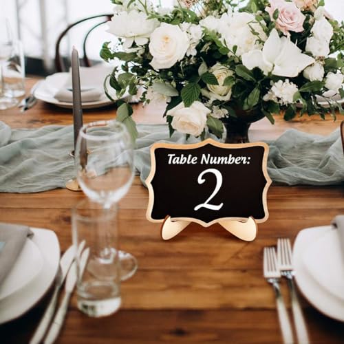 HASTHIP® 10Pcs Small Chalkboard Sign with Wooden Stands, 2 Designs, Fancy Wooden Frame Writable Mini Chalkboard Displaying Boards with 10 Replacement Writing Stickers, 10x7.5cm