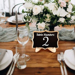 HASTHIP® 10Pcs Small Chalkboard Sign with Wooden Stands, 2 Designs, Fancy Wooden Frame Writable Mini Chalkboard Displaying Boards with 10 Replacement Writing Stickers, 10x7.5cm