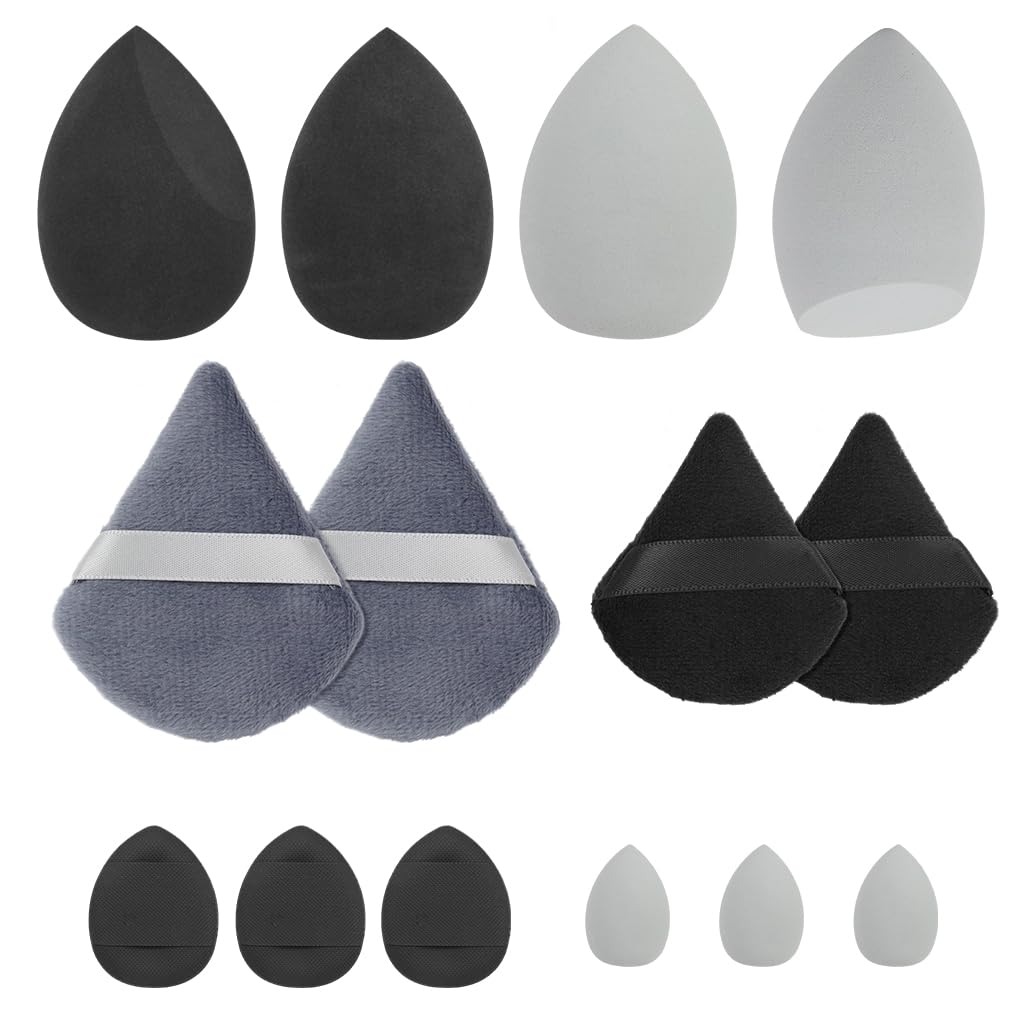 HASTHIP® Set de 14 Esponjas de Maquillaje,Puff Redondo y Triangular para Base,Polvo y Líquidos Suave Reutilizable Uso en Seco Húmedo Antibacterianas Blender Profesional (Negro)