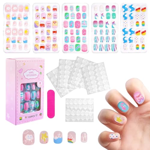 HASTHIP® Townley Girl 120 piezas Uñas Postizas para Niñas,Uñas Acrílicas Metálicas y con Purpurina,5 Diseños de Dibujos Animados Kit de Prepegadas con Lima y Adhesivos Set Arte DIY Regalo Cumpleaños Fiestas Infantiles
