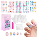 HASTHIP® Townley Girl 120 piezas Uñas Postizas para Niñas,Uñas Acrílicas Metálicas y con Purpurina,5 Diseños de Dibujos Animados Kit de Prepegadas con Lima y Adhesivos Set Arte DIY Regalo Cumpleaños Fiestas Infantiles