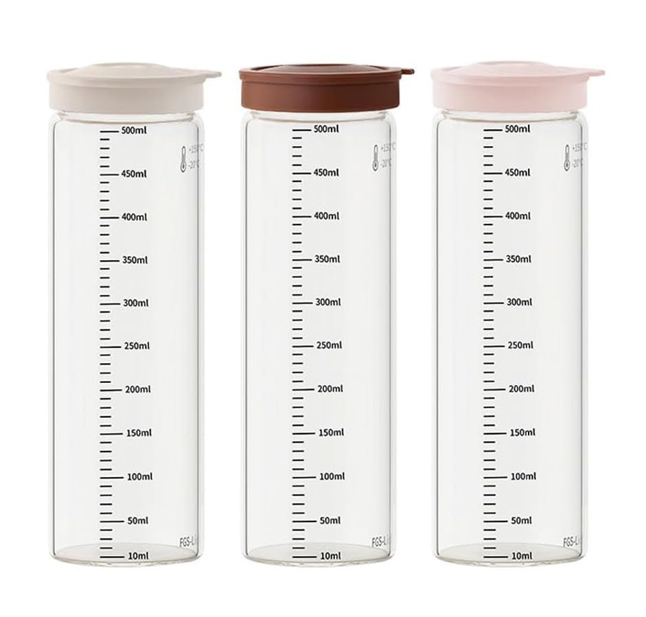 HASTHIP® 3Pcs Kitchen Food Containers-500ml Glass Grain Containers with Lids, 8'' Clear Glass Dry Food Containers with Scale Markers, for Grains, Beans, Cavatappi, Bucatini, Nuts