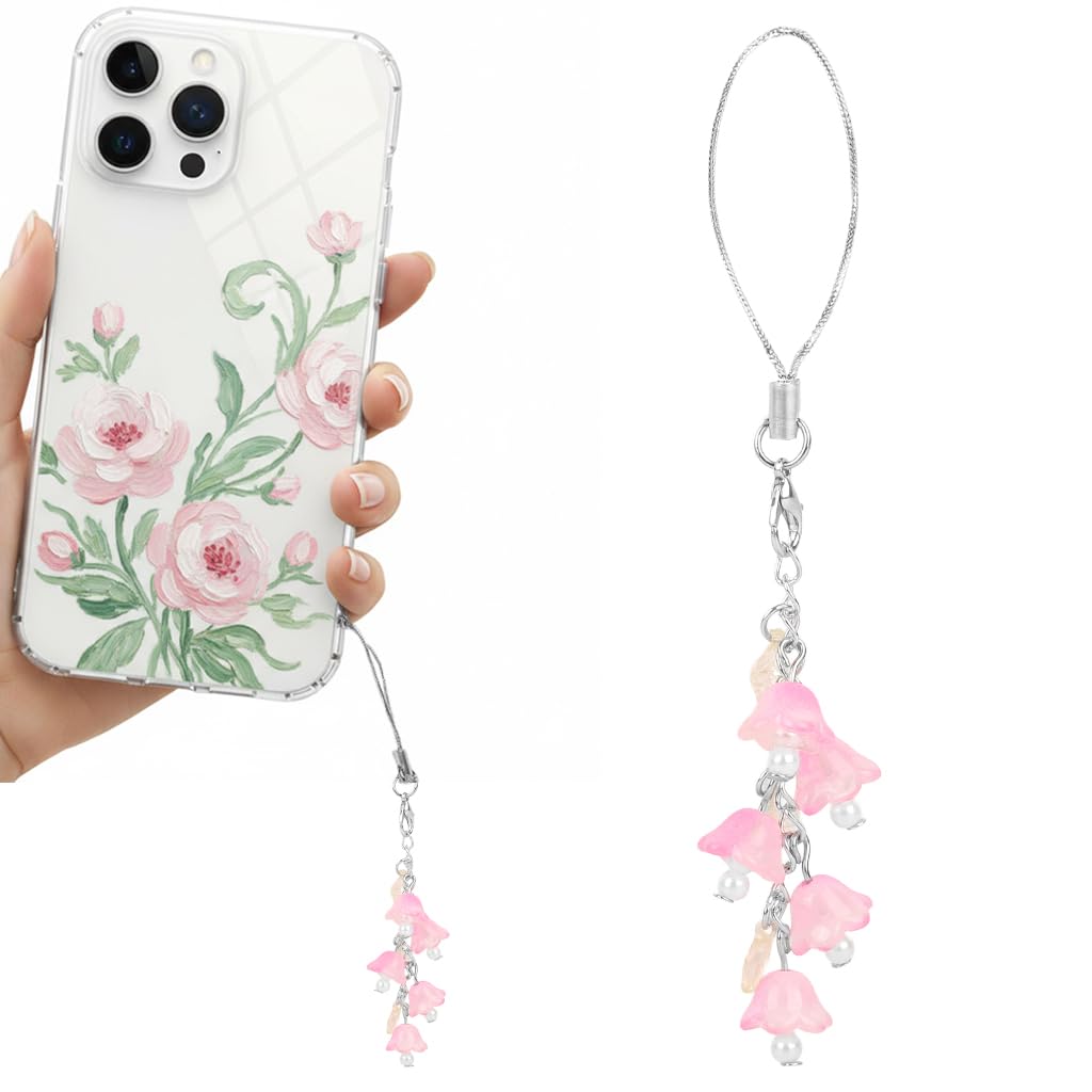 HASTHIP® ZIBUYU 5'' Floral Beaded Keychain Charm, Pink Resin Flower Phone Strap Pendant with Pearl Accents, Decorative Bag & Phone Ornament
