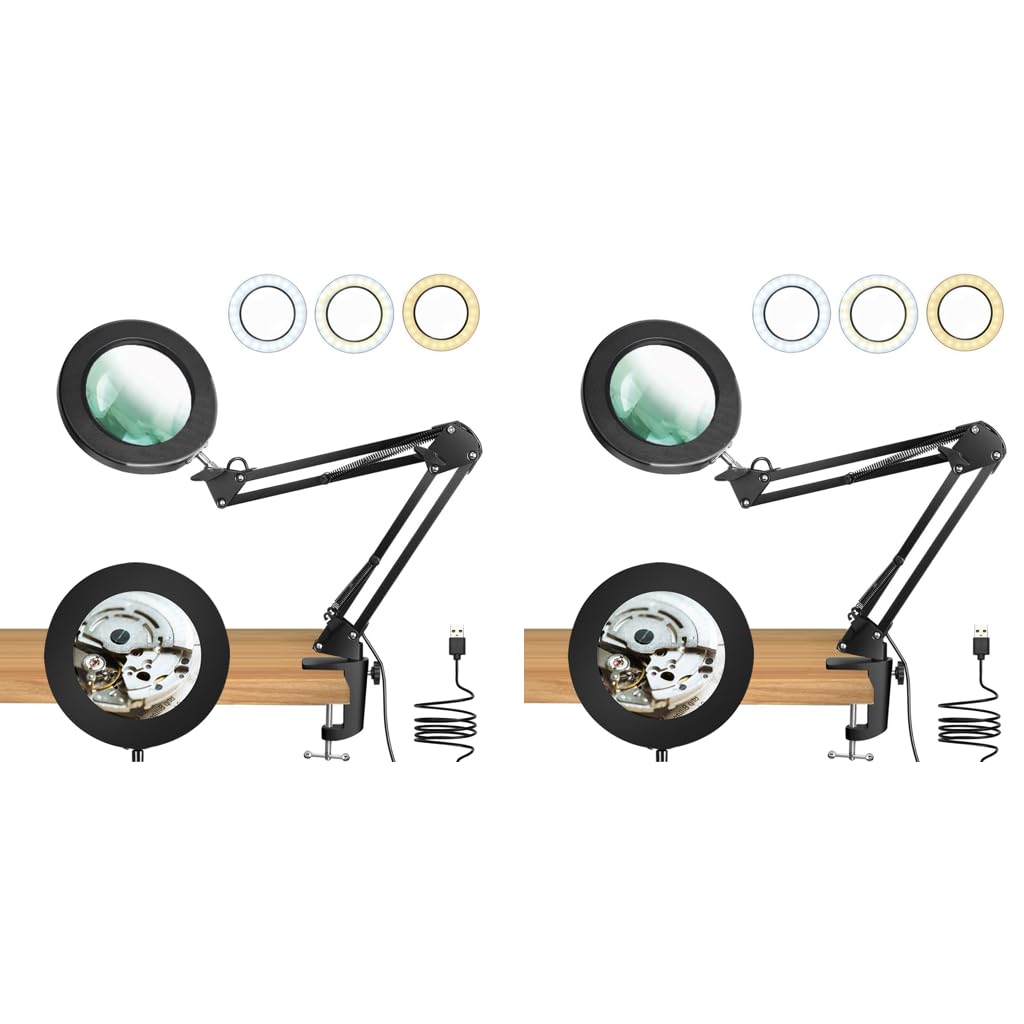 HASTHIP Desk LED Magnifier for Repairing and Reading with 10X Lens and Flexible Arm | USB 3‑Color Modes Clip Lamp