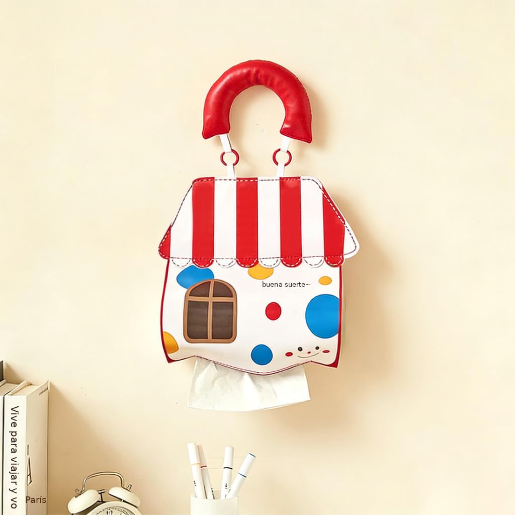 HASTHIP® Cute PU Tissue Paper Dispenser Holder with Soft Handle, Lovely Cartoon Hut Design, Hanging Wall Tissue Paper Dispenser for Car, Kitchen, Toilet, Home Decor, 29.5x23.5cm