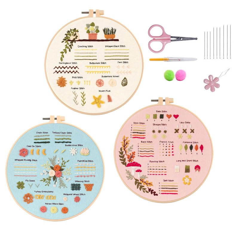 HASTHIP® 3 Sets DIY Embroidery Kit for Beginners Pre-Embroideried Stitch Practice Kit for Beginners Adults, Stitch Practice Kit, Includes Cloth with Pattern, Hoop, Colorful Threads and Scissors