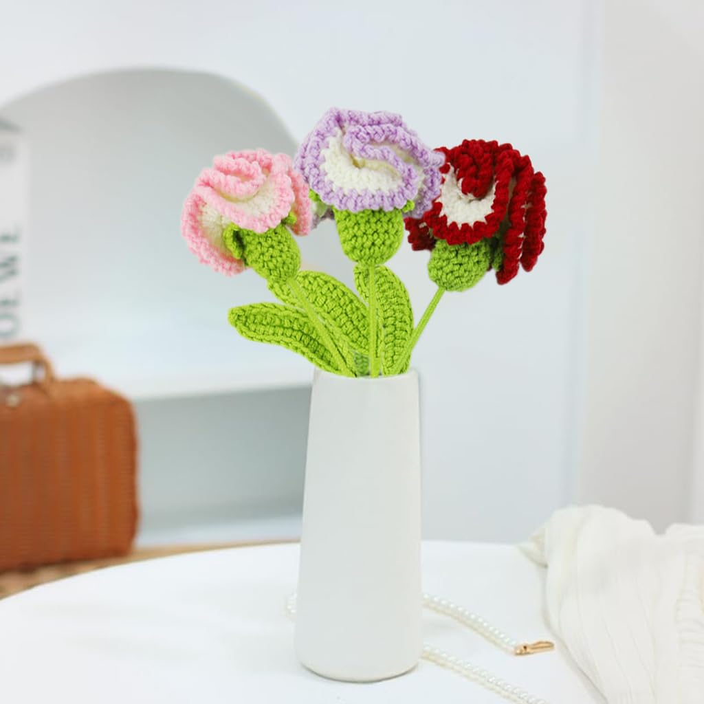 HASTHIP® 3Pcs Handmade Crochet Carnation Flowers for Home Decor Dual Color Crochet Carnation Flowers 16.53" Handmade Crochet Carnation Flowers
