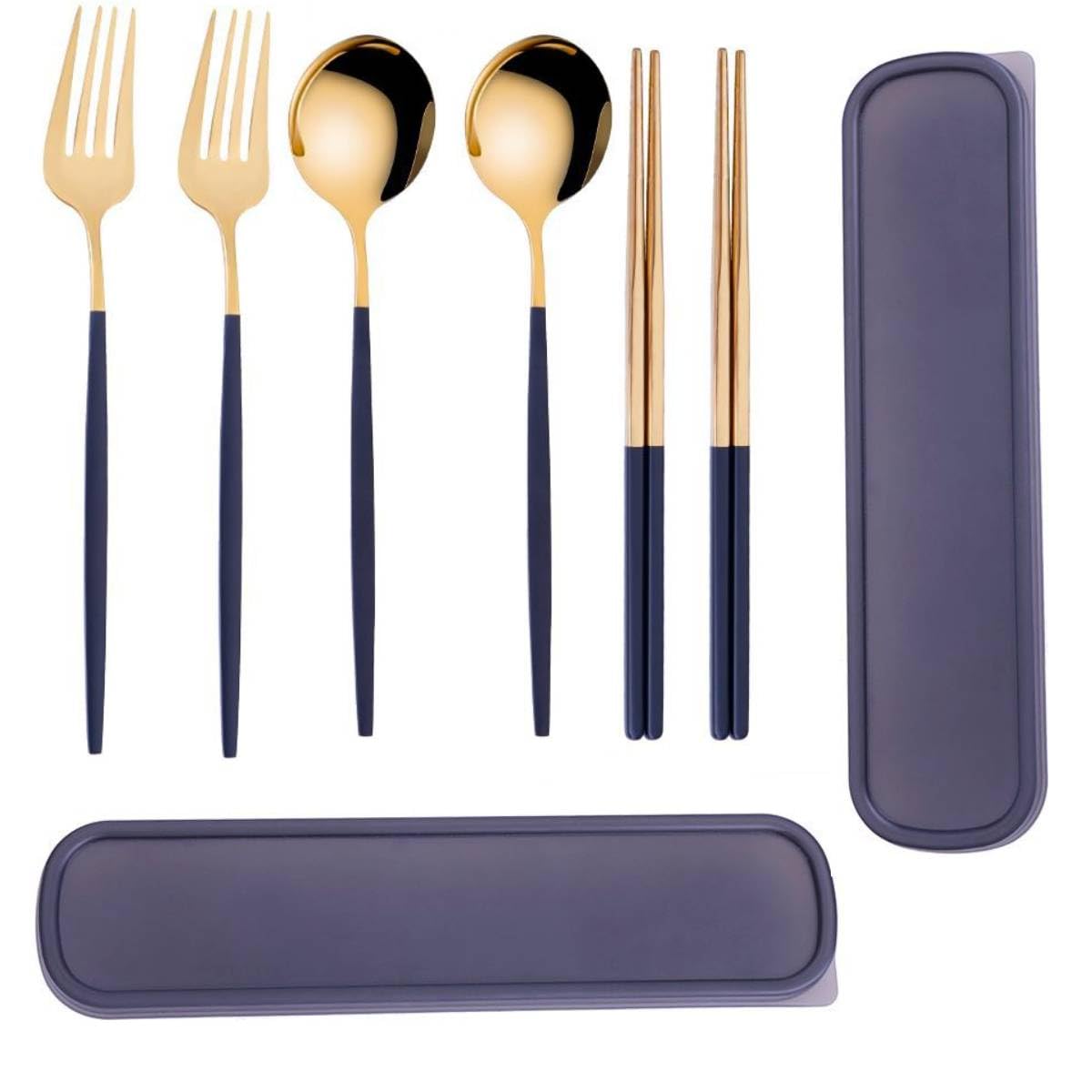 HASTHIP Cutlery Set with 2 Forks 2 Spoons and 2 Pairs Chopsticks 21 cm | Stainless Steel 410 Black Gold Gift Box