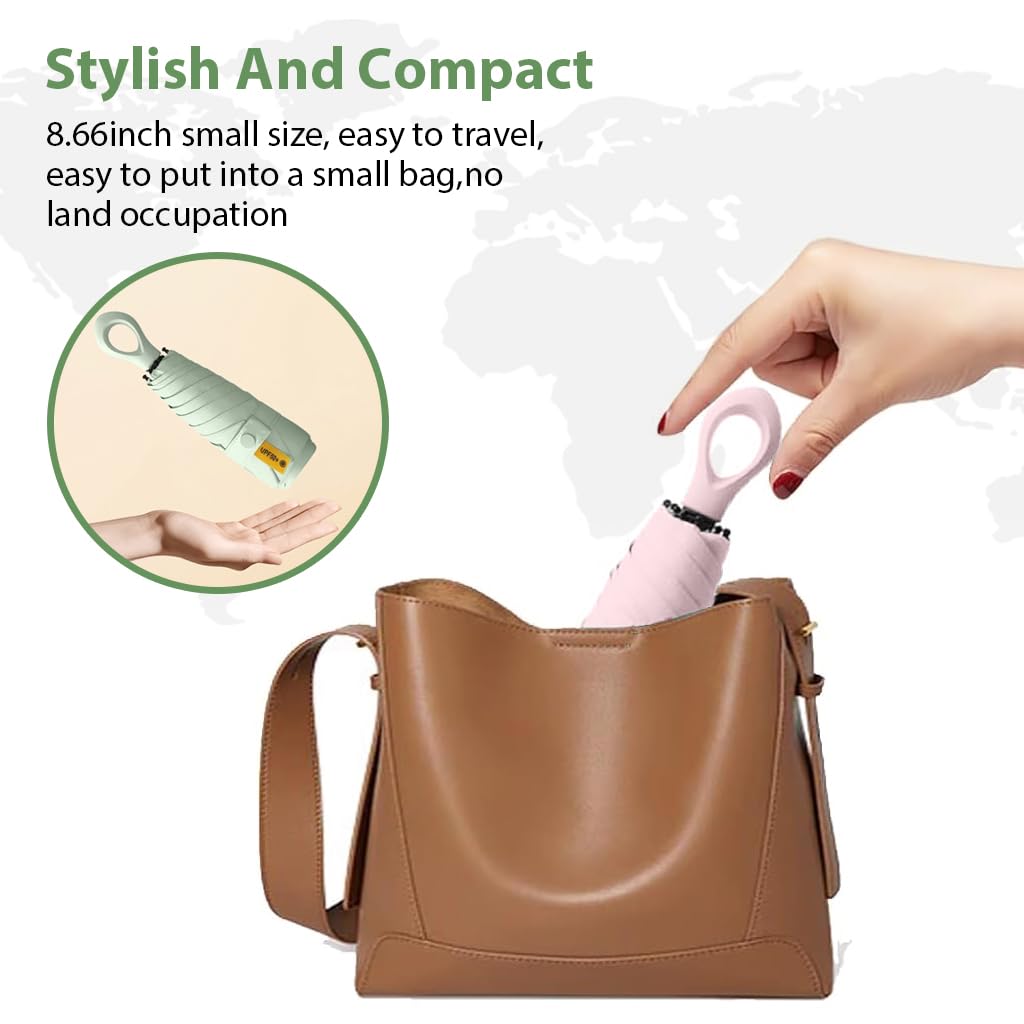 HASTHIP® Mini Sun Umbrella Automatic Open, UPF 50+ Automatic Open/Close Windproof Travel Folding Umbrella with 6 Strong Ribs Design, 99 UV Protection Fashion Outdoor Umbrella with Hanging Handle