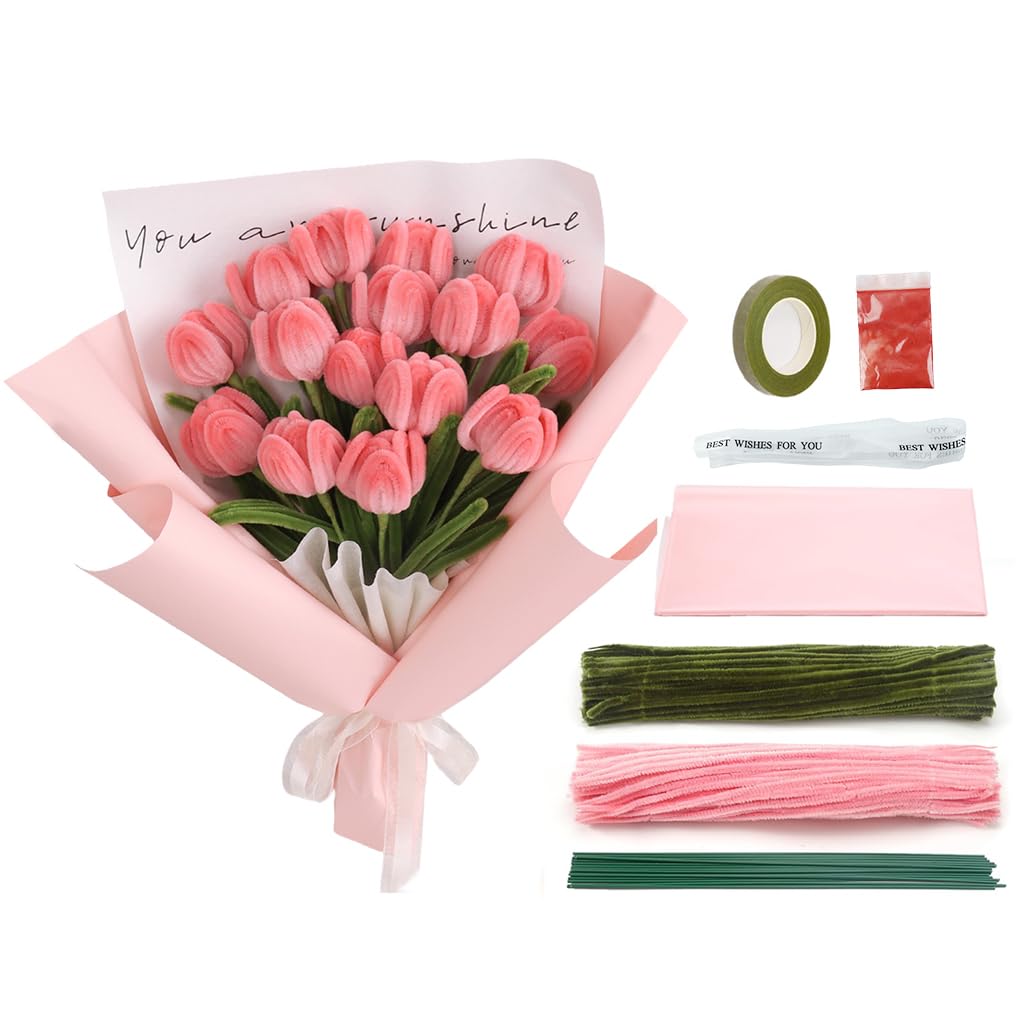 HASTHIP DIY Flower Making Kit for Crafting 15 Tulip Bouquet with Plush Wrapped Wire | Pink Silk Petals for Handmade Gift