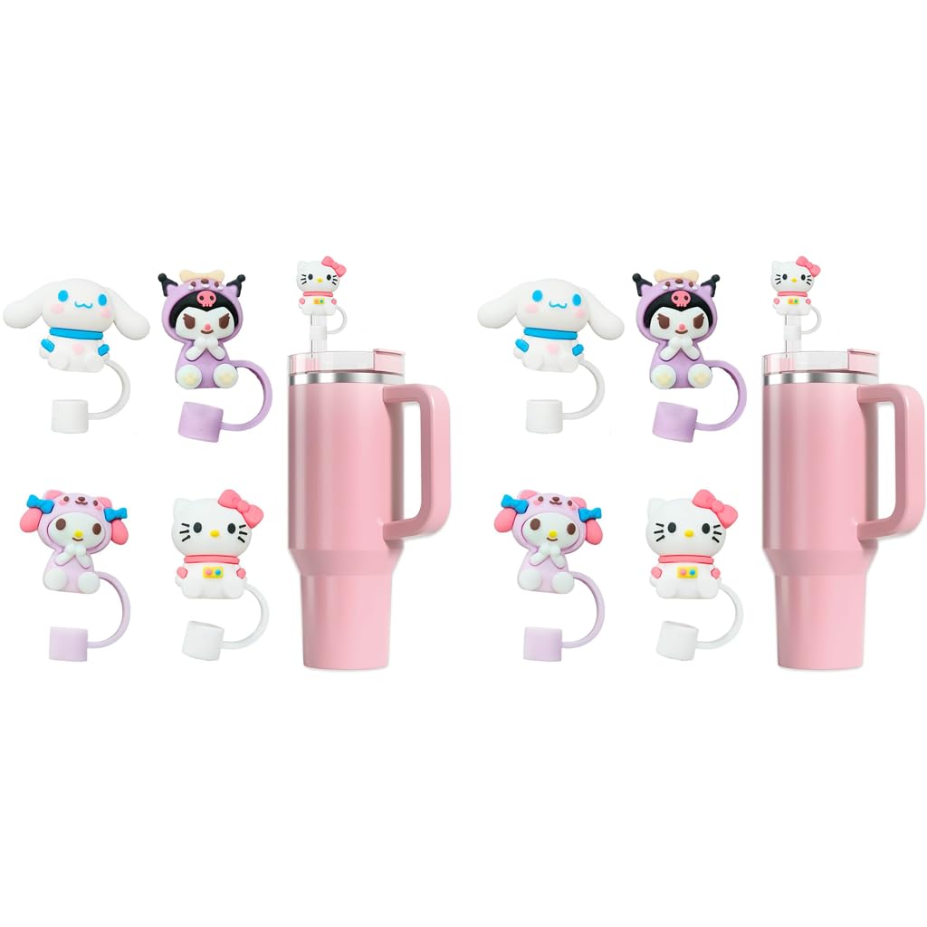 HASTHIP Kawaii Sanrio Series Drinking Straw Lids 8PCS with Anti-Lost Loop | Food-Grade Silicone for 10mm Universal Straws