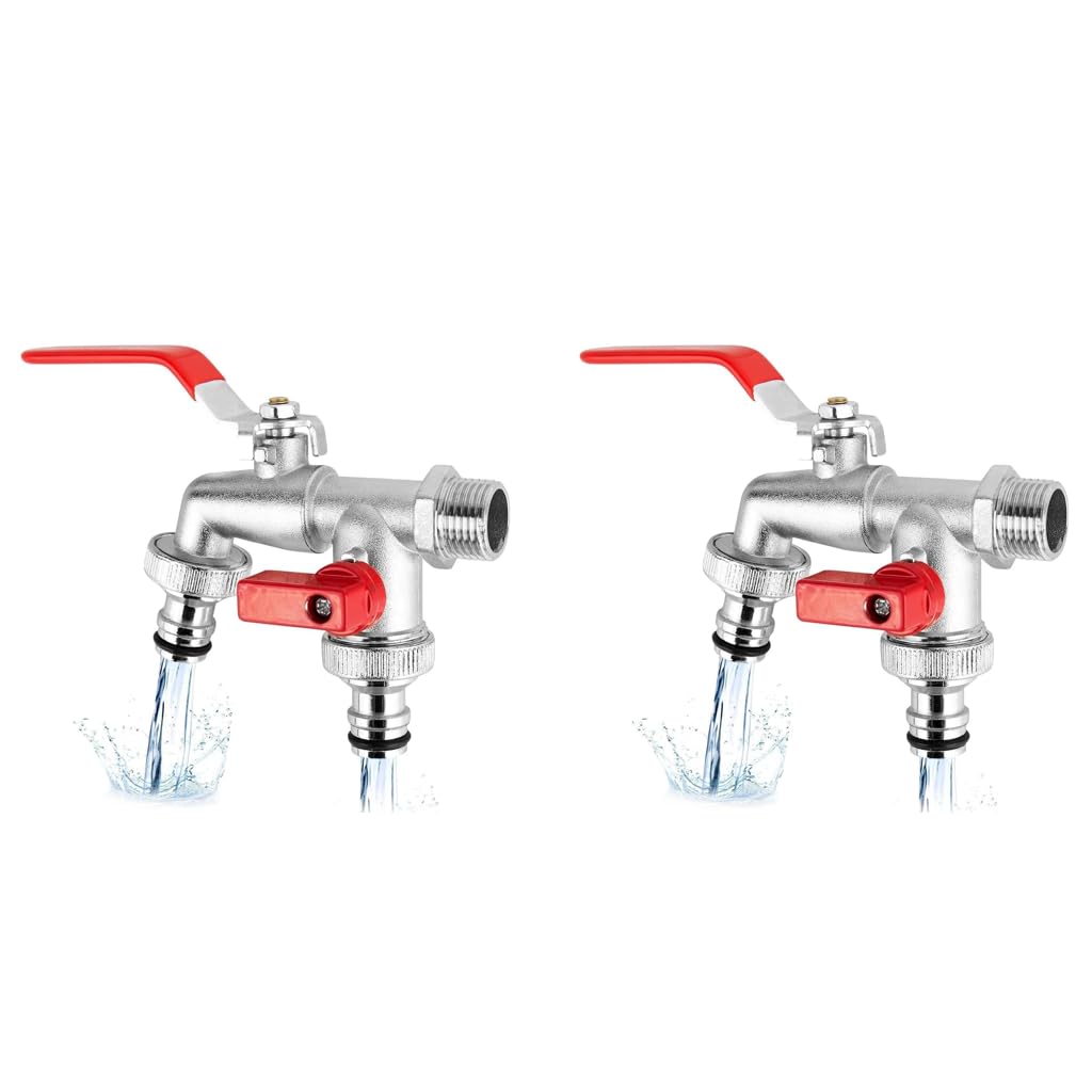 HASTHIP® 1/2 Inch Dual Outlet Garden Brushed Faucet Splitter Heavy Duty Zinc Alloy Double Valve Tap with Individual Control Outdoor Efficient Water Distribution Silver 2PCS