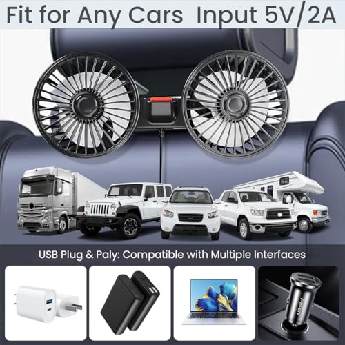 HASTHIP® ual-Head Car Fan with 3-Speed Settings 360° Rotation USB Fan