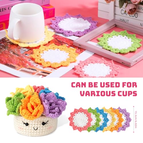 HASTHIP® NAWOKEENY Crochet Kit for Beginners,6 Colors DIY Crochet Floral Coasters Kit,Complete Starter with Yarn Hooks Accessories & Case Handmade Coaster Gift for Adults & Kids