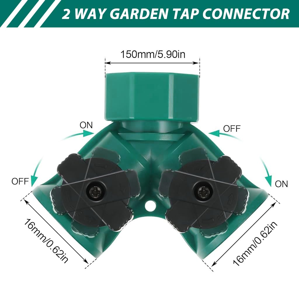 Splitter 2 Way for Tap and Splitter Garden Irrigation, ABS 3 Way Valve with Separate Switch, 3/4 inch and 1/2 inch Water Tap Connectors