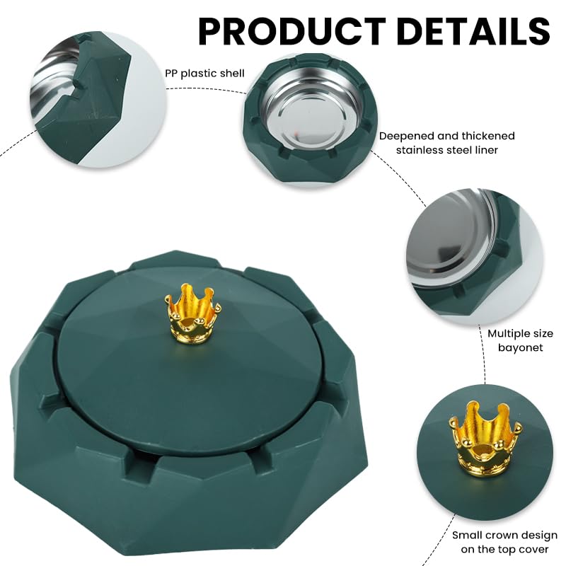 HASTHIP Fashion Desk Ashtray with Lid featuring Crown Handle and Stainless Steel Liner | Green Gift Choice