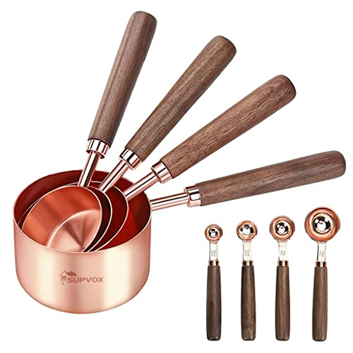 HASTHIP® 8Pcs Measuring Cups and Spoons Set, Stainless Steel Measuring Cup with Wood Handle, Rose Gold Polished Finish, 60ml/80ml/125ml/250ml/1.25ml/2.5ml/5ml/15ml, for Cooking and Baking