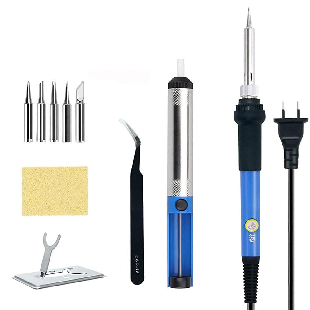 Soldering Iron Kit with Adjustable Temperature Welding Iron, 60W 110V Soldering Machine Solder Soldering Iron with 5pcs Tips, Stand, Tweezers, Sponge, Flux Pen, Solder Wire