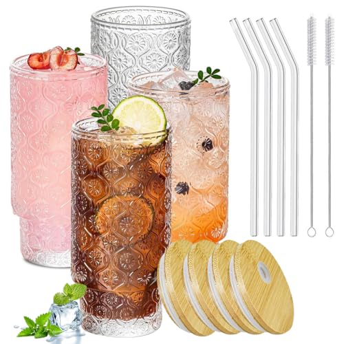 HASTHIP® 4 Pack Drinking Glasses with Wooden Lids & Bent Straws 11Oz Drinking Glasses Vintage Textured Clear Glasses Coffee Cup Drinks Cocktail Glasses Home Gift