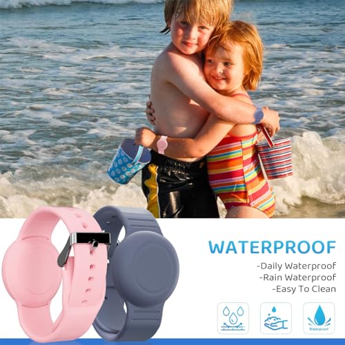 HASTHIP® OMELPIS 2 Pack Waterproof AirTag Wristband for Kids, Soft Silicone Adjustable GPS Tracker Bracelet with Hidden Protective Case, Lightweight Watch Band Compatible with Apple AirTag (Grey Blu