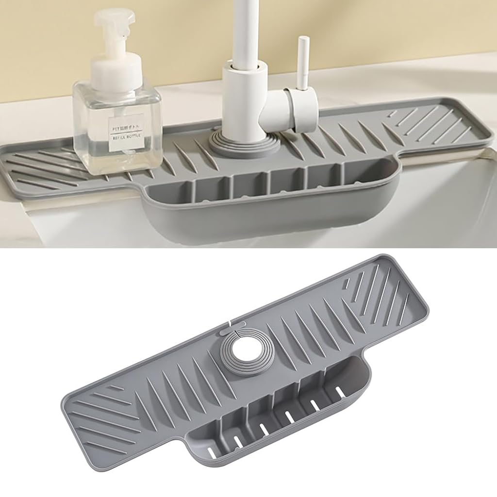 HASTHIP® Faucet silicone splash proof drain pad with hanging basket for storage and drain pad-Grey