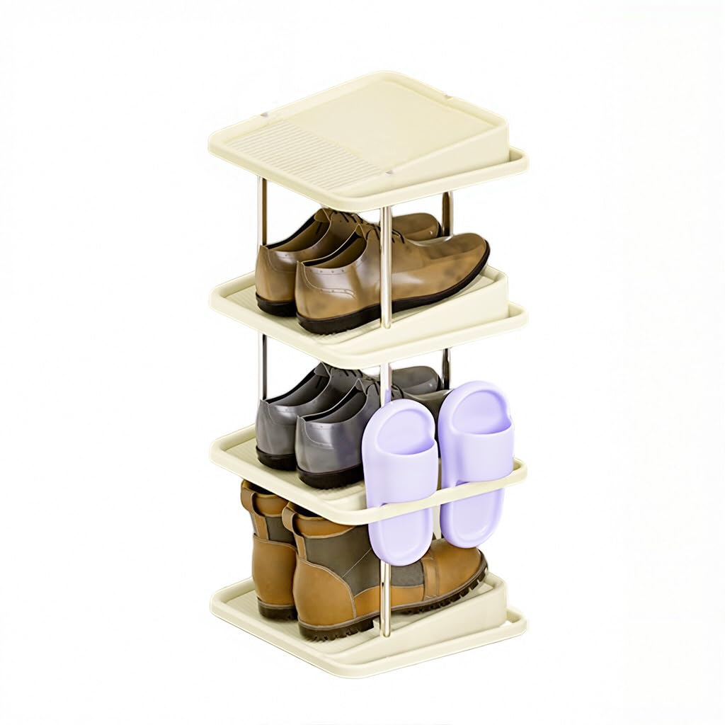 HASTHIP® Shoe Rack Organizer, 4-Tier Shoe Storage with Angled Ventilated Shelves, Compact PP Tiered Shoe Stand with Stainless Steel Support Rods for Entryway, Closet & Mudroom