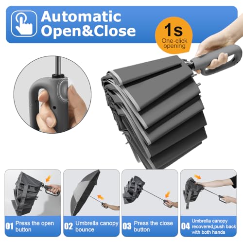 HASTHIP® Large Travel Umbrella with Reflective Strip, Auto Open Close 3-Fold Compact Umbrella, Carabiner Handle, 10 Dual Ribs Reinforced, Windproof Waterproof Sun UV Protection for Men Women