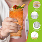 HASTHIP® 4 Pack Drinking Glasses with Wooden Lids & Bent Straws 11Oz Drinking Glasses Vintage Textured Clear Glasses Coffee Cup Drinks Cocktail Glasses Home Gift