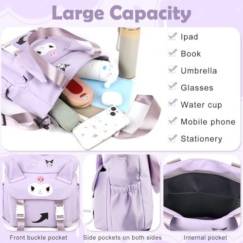 HASTHIP® Kawaii Tote Bag for Girls Kuromi Nylon Shoulder Bag School Girls Book Bag Casual Hand Bag with Removable Shoulder Strap Travel Shoulder Bag Birthday Gift Christmas Gift for Kids, 30x32x9cm