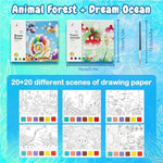 HASTHIP® 2Pcs Kids Watercolor Painting Book Set, Reusable Water Coloring Books for Toddlers Age 3+, Hard Paper Water Colour Book with Pigments & Paint Brush, Educational Art Craft Kit for Boys Girls