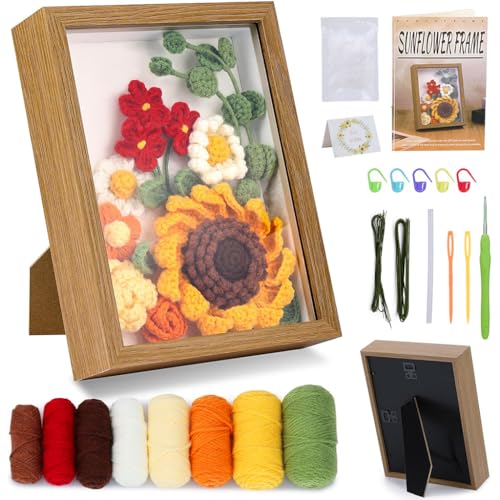 HASTHIP® NAWOKEENY DIY Crochet Kit for Beginners,Sunflower Stuffed Toy & Oil Painting Photo Frame,Complete Knitting Starter Set with Yarn Crochet Hooks Accessories Polyester Fiber Tutorial Video