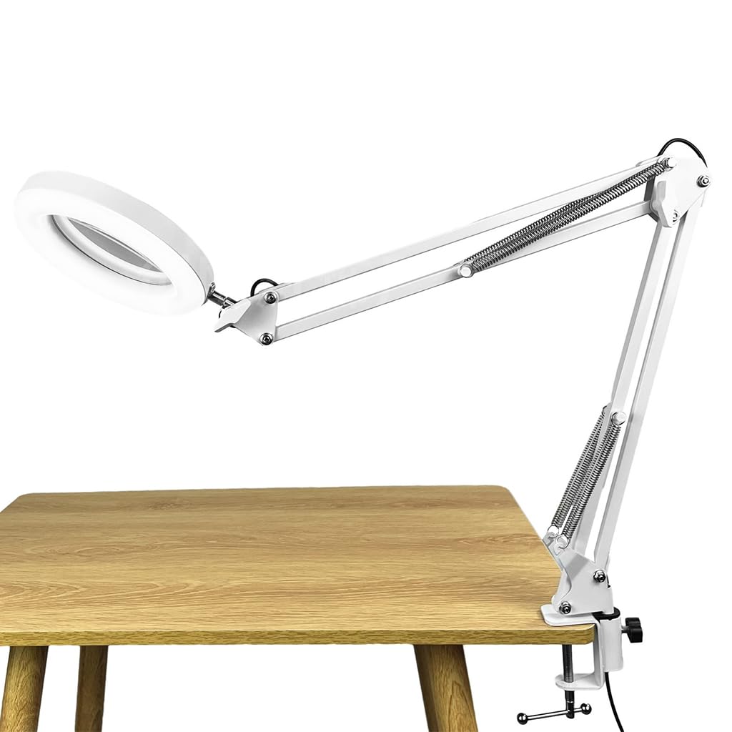 HASTHIP Desk Magnifying Glass for Crafting and Electronics Repair with 5X Lens featuring USB LED Light and Flexible Metal Arm | Screw Fix Mount