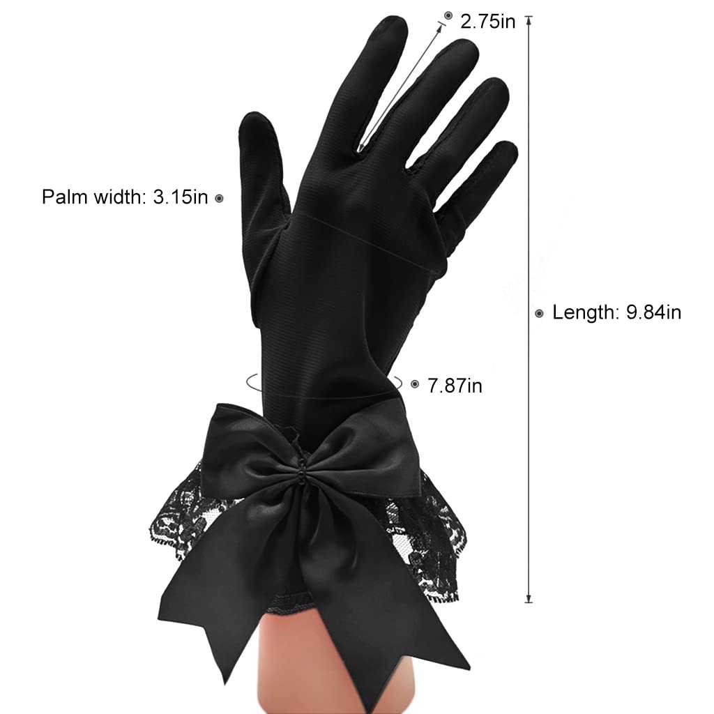 HASTHIP® Guantes de Encaje para Mujer,Guantes Cortos Elegantes de Fiesta,Novia Negros con Lazo para Boda Ópera Baile y Ceremonia