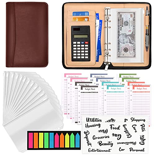 HASTHIP® Leather File Folder for Documents Ring Binder Notebook Set, A6 Binder Clip Budget Notebook with Budget Sheet, Transparent Envelopes, Calculator, Cash Pocket, A6 Notebook Folder(Brown)