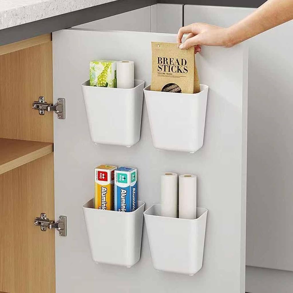 HASTHIP® 4 Piece Self Adhesive Kitchen Cabinet Door Storage Box, Wardrobe/Bathroom/Refrigerator Small Items Organizer-White
