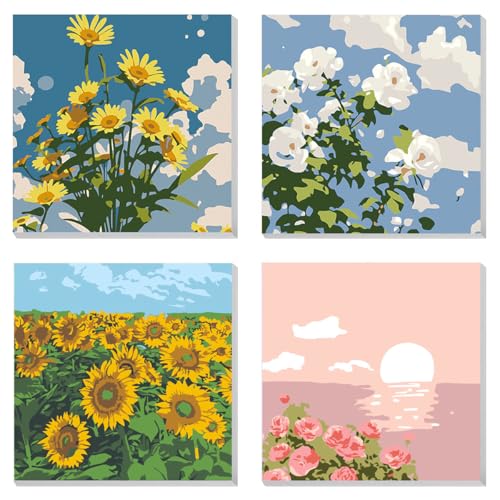 HASTHIP® Pack of 4 DIY Oil Painting Paint by Numbers with Frame Sunflower Rose Oil Art Painting Wall Hanging DIY Canvas Painting with Painting Tool Kit Wall Decoration, 7.8x7.8inch