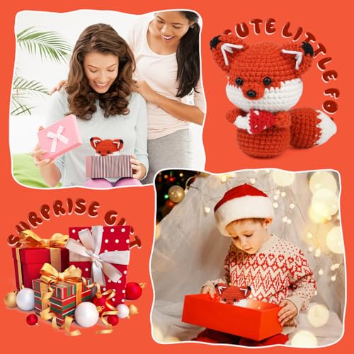HASTHIP® Zibuyu DIY Crochet Kit Starter, Red Fox Crocheting Kit for Beginners, Complete Set to Make Fox Stuffed Toy, Creative Handmade Gift for Kids and Friends