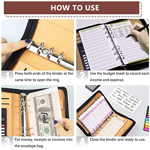 HASTHIP® Leather File Folder for Documents Ring Binder Notebook Set, A6 Binder Clip Budget Notebook with Budget Sheet, Transparent Envelopes, Calculator, Cash Pocket, A6 Notebook Folder(Brown)