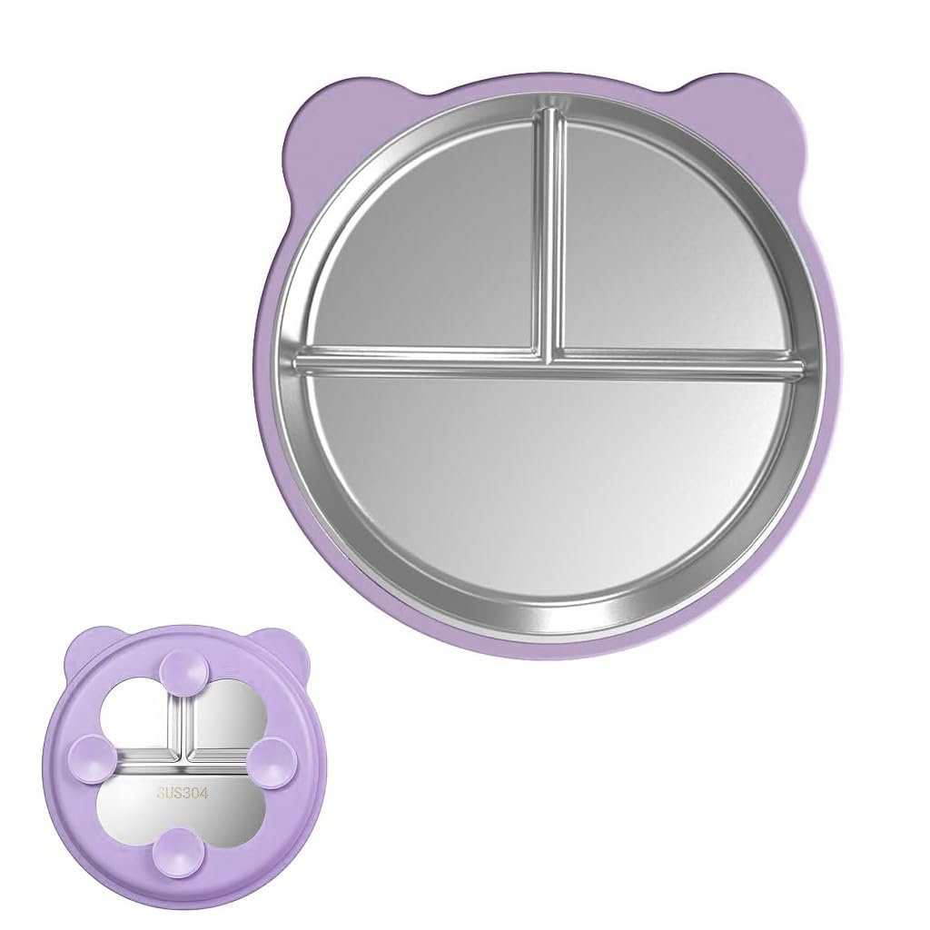 HASTHIP® Kids Plates for Food with 4 Suction Cups, 9'' Round Divided Toddler Plate, Stainless Steel Suction Food Plate for Toddlers Self-Feeding Training, Anti-flip Shallow Breakfast Bread Snack