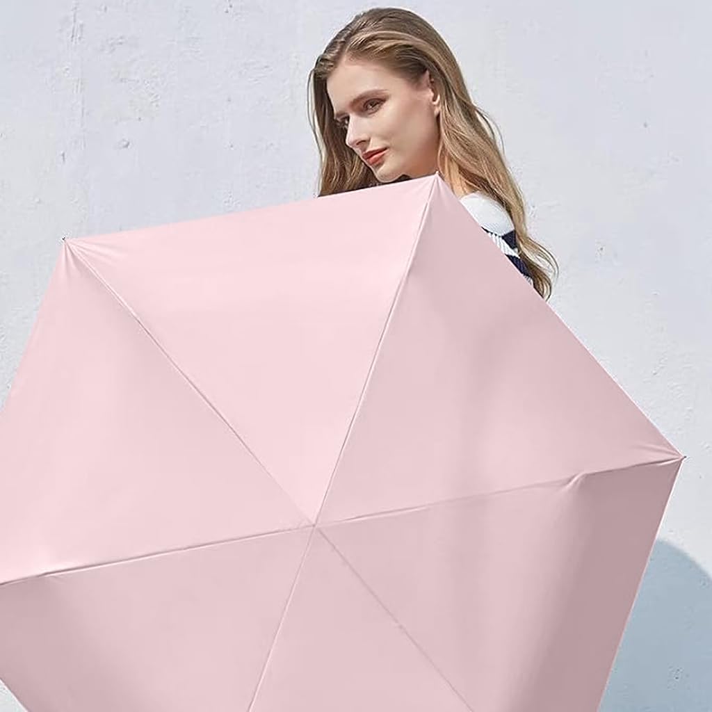 HASTHIP® Mini Sun Umbrella Automatic Open, UPF 50+ Automatic Open/Close Windproof Travel Folding Umbrella with 6 Strong Ribs Design, 99 UV Protection Fashion Outdoor Umbrella with Hanging Handle, Pink